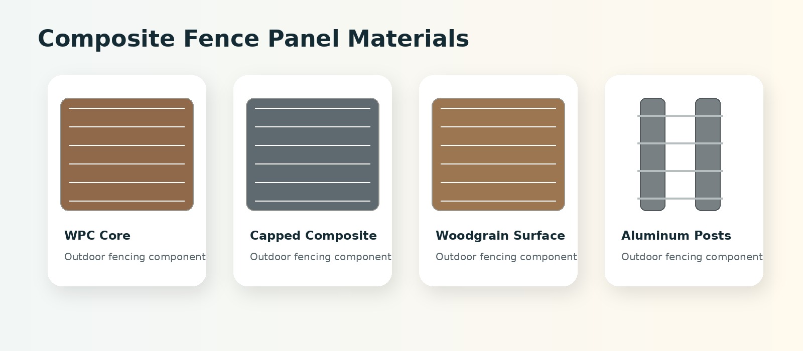 Composite fence panel materials including WPC capped composite woodgrain surface and aluminum posts