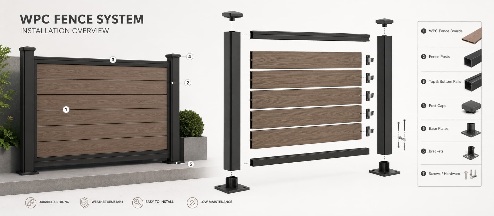WPC fence installation system with posts rails caps boards gates and accessories