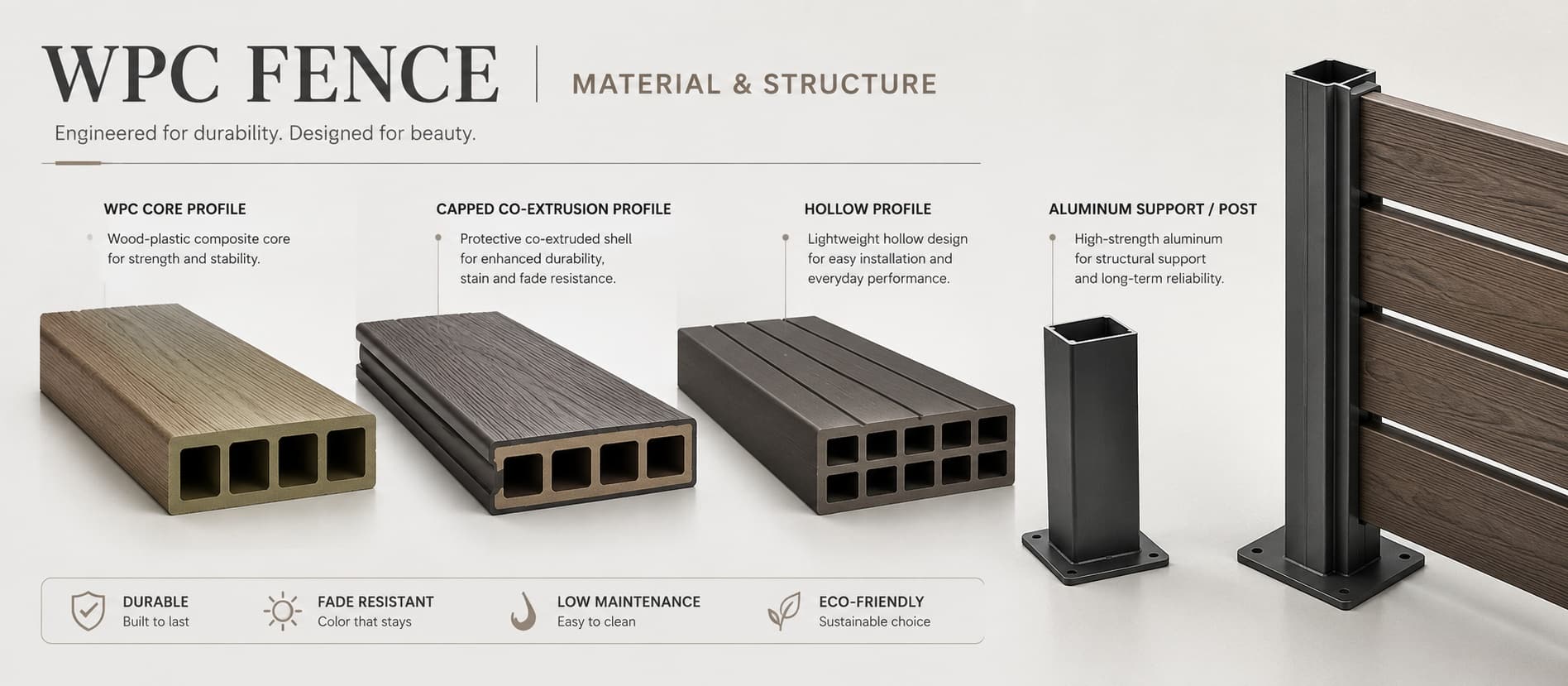 WPC fence material structure including WPC core co-extrusion cap hollow profile and aluminum support